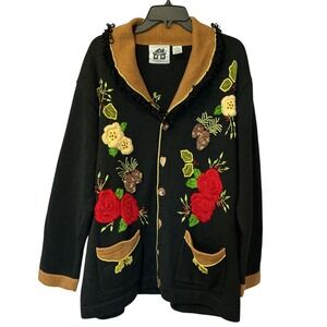 Storybook Knits Holiday Floral Embroidered Cardigan Sweater 2X Cottagecore Folk
